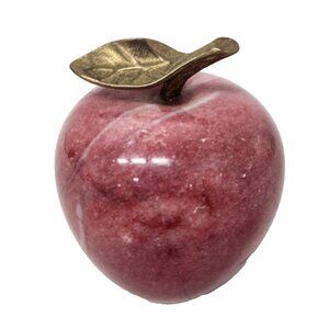 Vintage Marble Red Apple Figurine Paper Weight Gold Tone Brass Leaf Art Deco